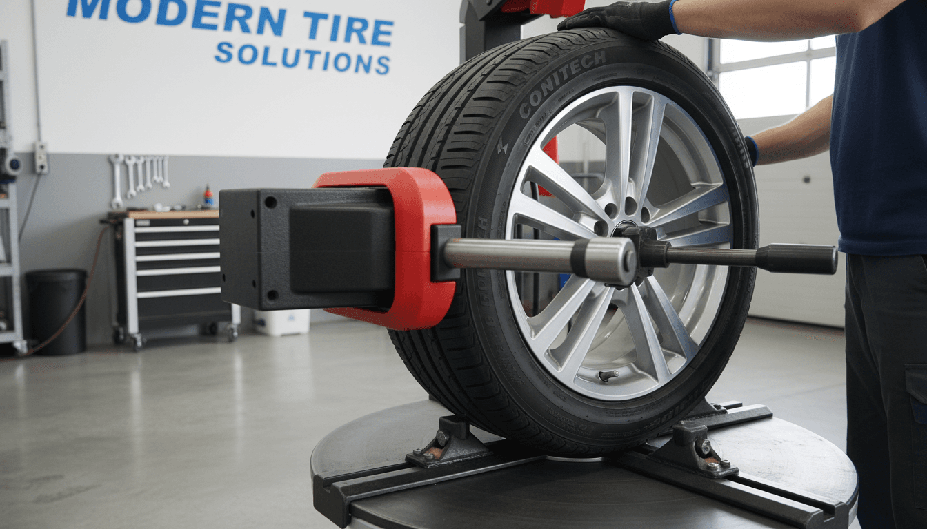 Technician installing tire on wheel in modern automotive shop