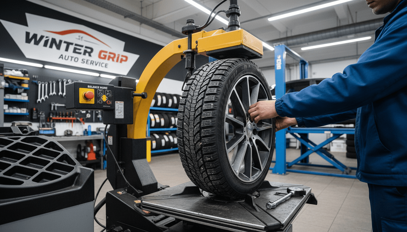 Technician mounting a winter tire on a wheel in a professional auto shop
