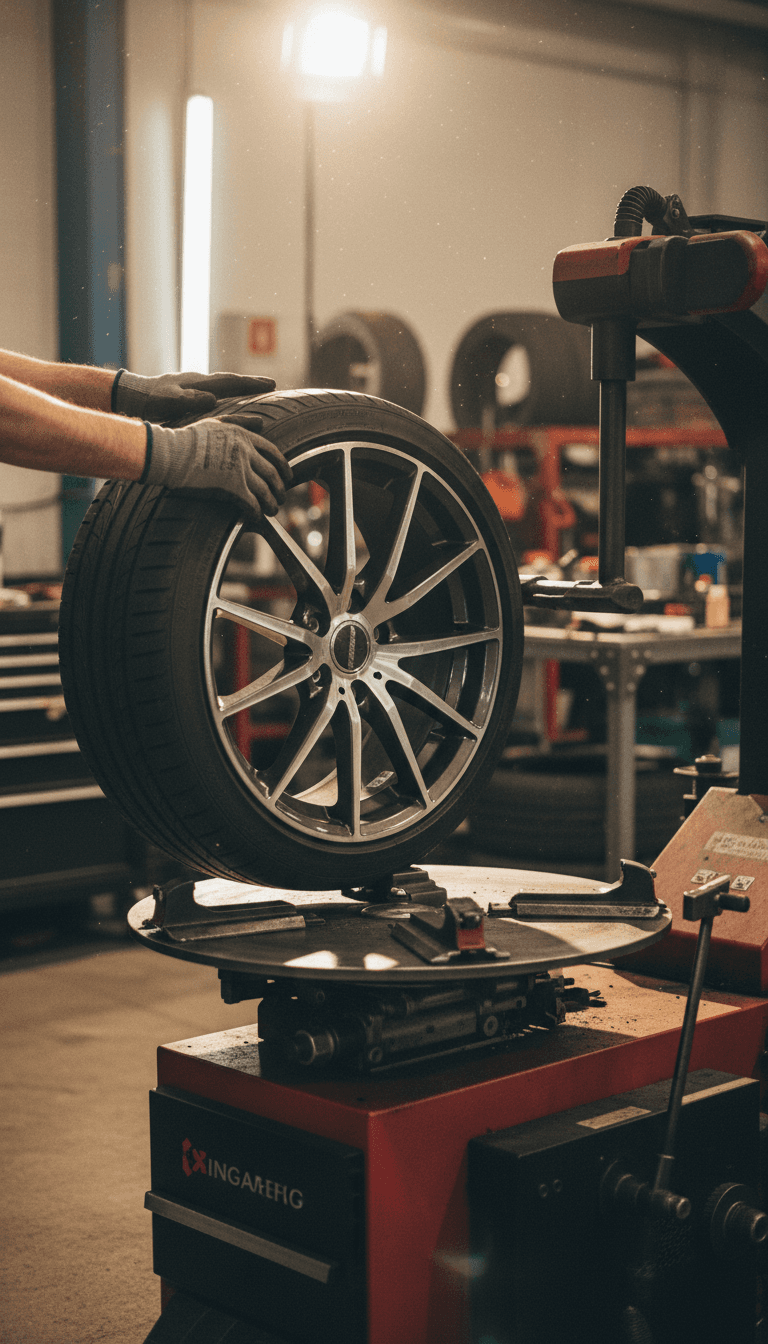 Technician mounting a low-profile tire on a machine at Limitless Tires