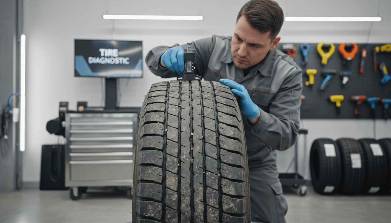 Technician inspecting a used tire tread in a modern shop