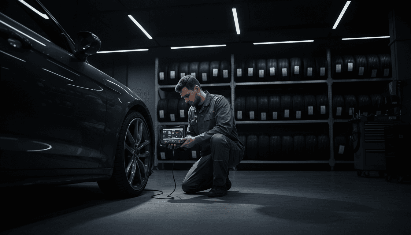 Technician using a diagnostic tool next to a car wheel in a workshop