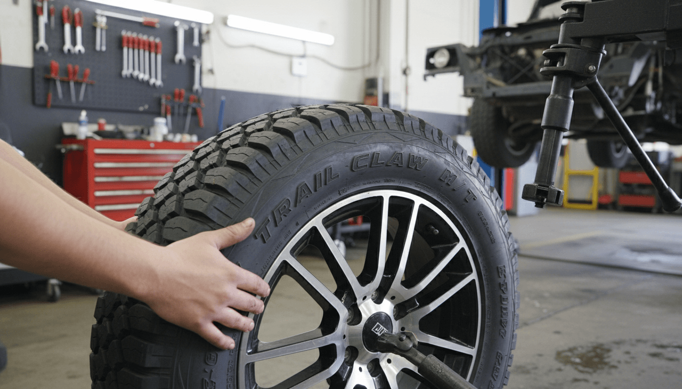 Technician mounting a tire on a rim in a modern tire shop