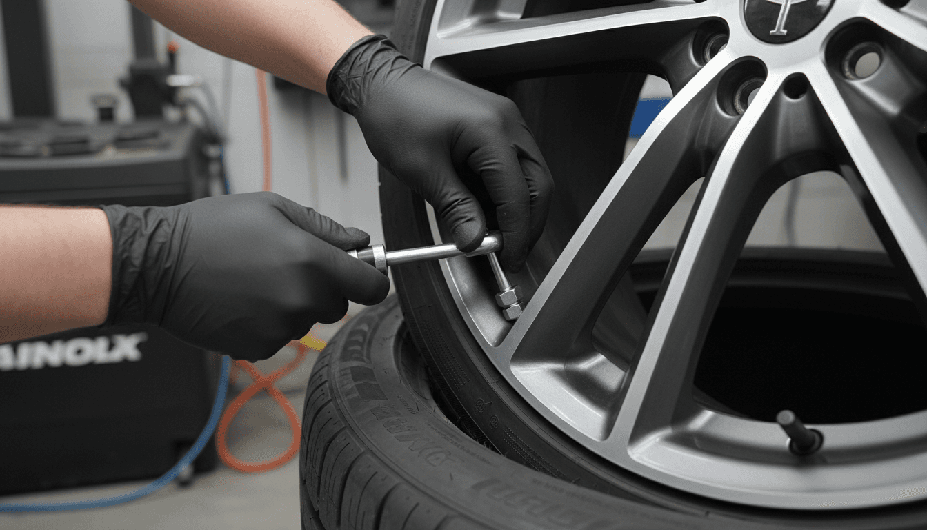 Technician's hands installing a tire pressure sensor in a wheel