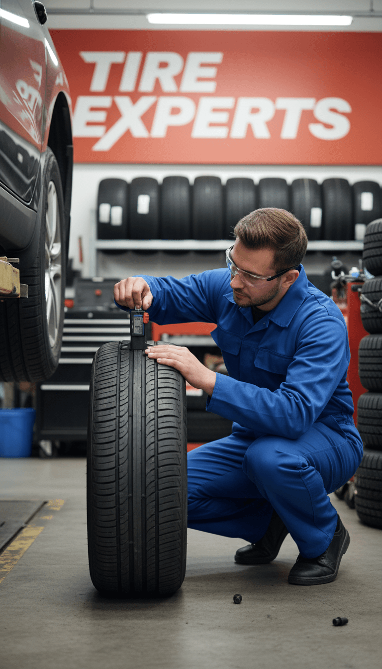 Technician measuring tread depth on a used tire in the shop