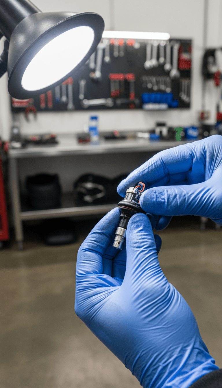 Technician inspecting a tire pressure sensor