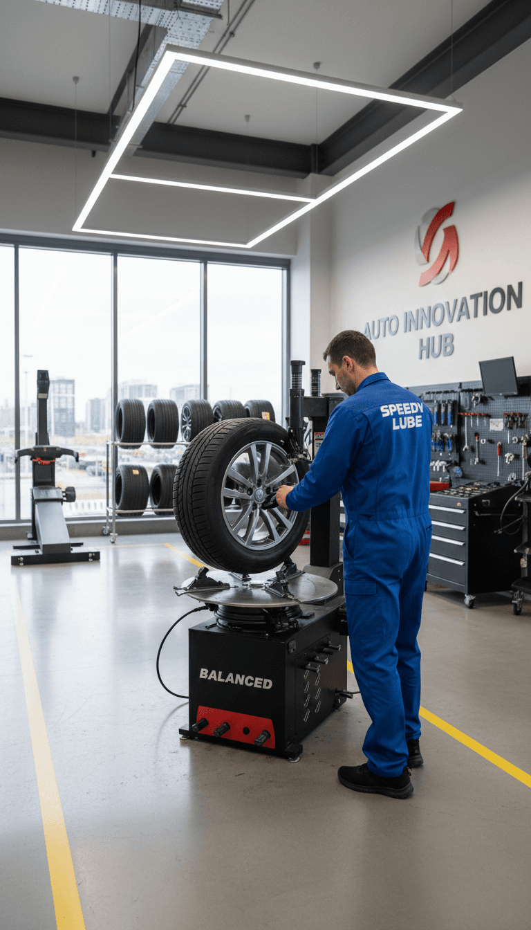Technician mounting a tire on a wheel in a modern service bay