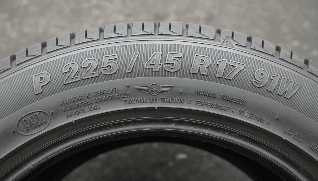 Close-up of tire sidewall with size markings visible