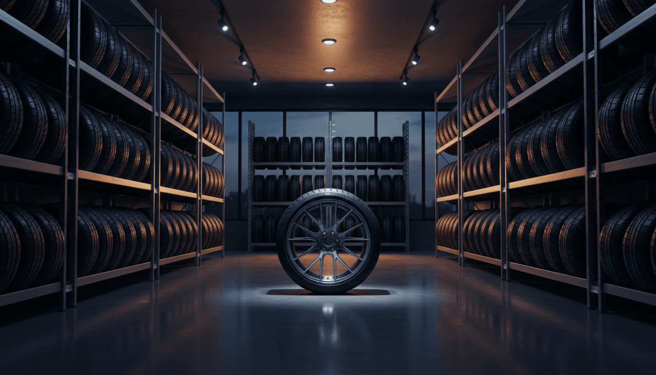 Neatly stacked tires in a modern, dark showroom with a single mounted tire highlighted in the foreground