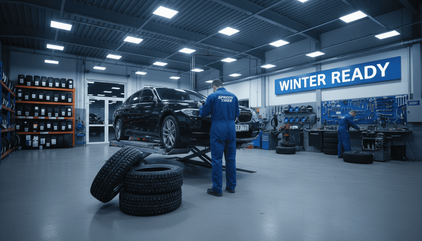 Technician fitting a winter tire onto a vehicle in a bright, modern tire shop