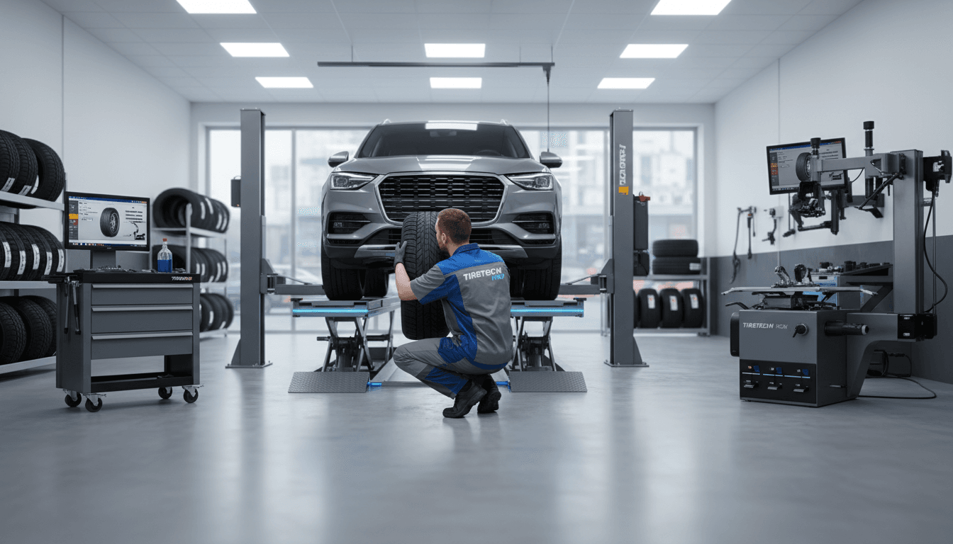 Technician inspecting a tire on a lift in a modern tire shop