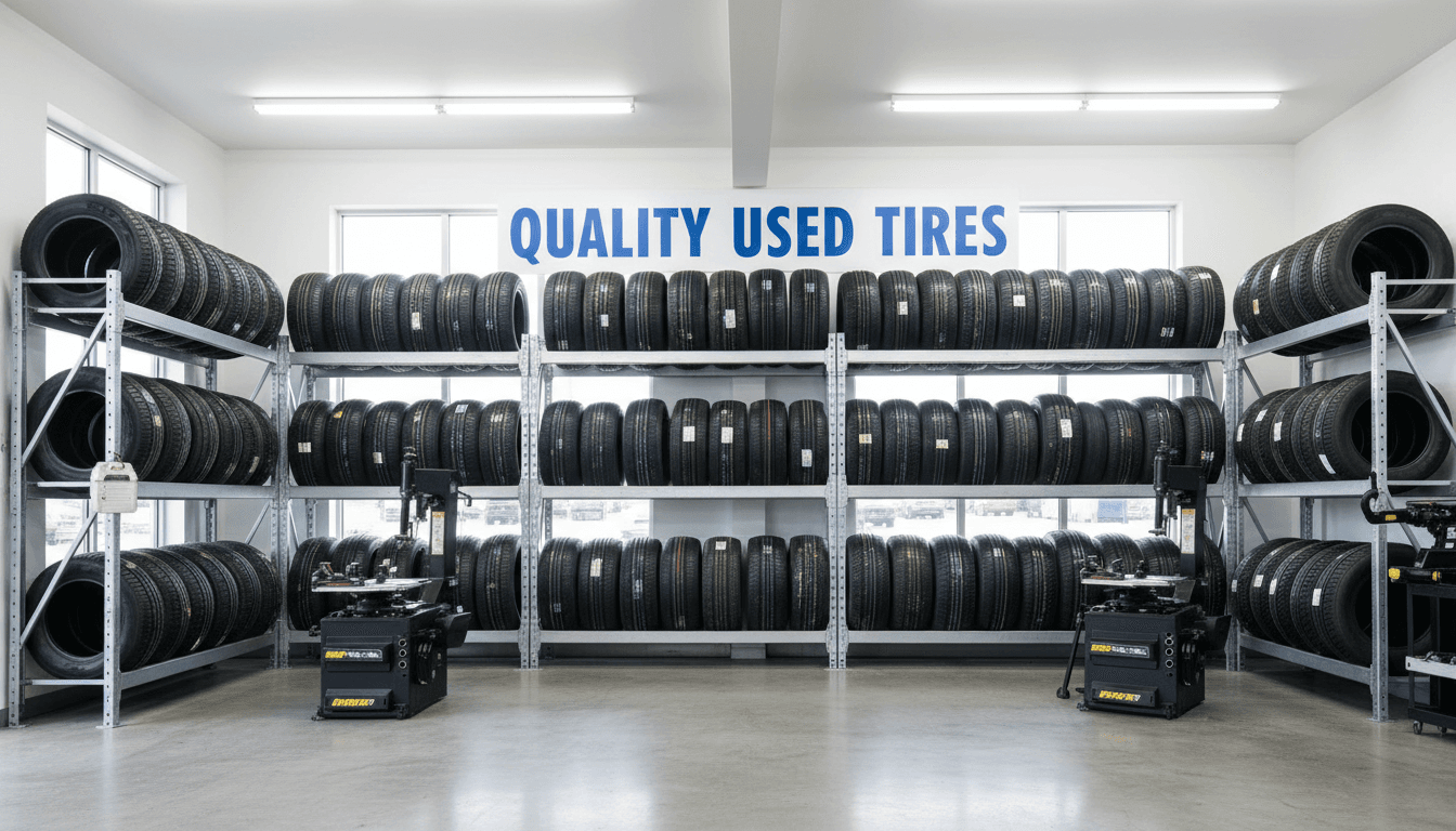 Stacked used tires neatly arranged on a rack in a bright tire shop