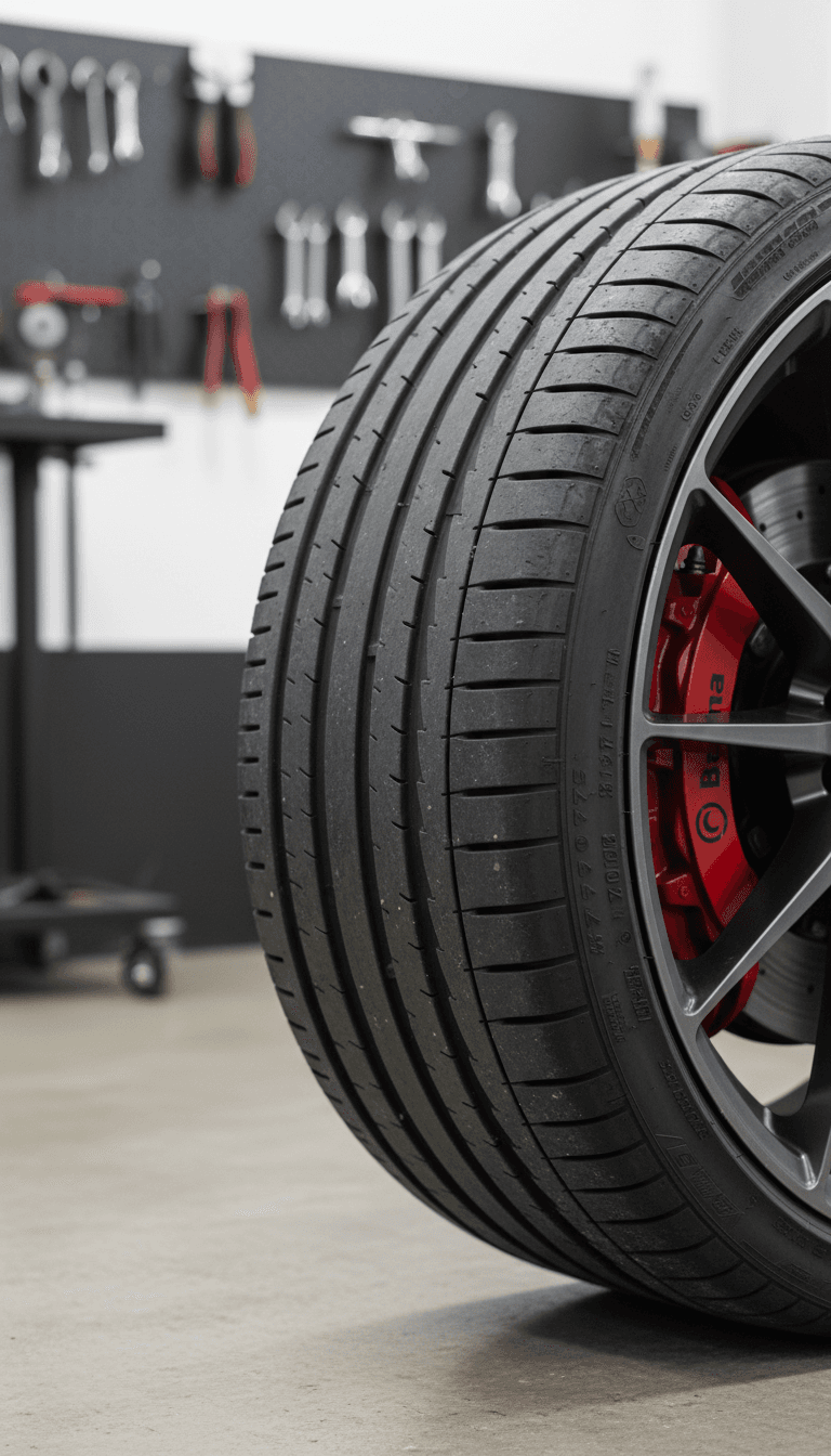Close-up of a new tire tread on a car in a service bay