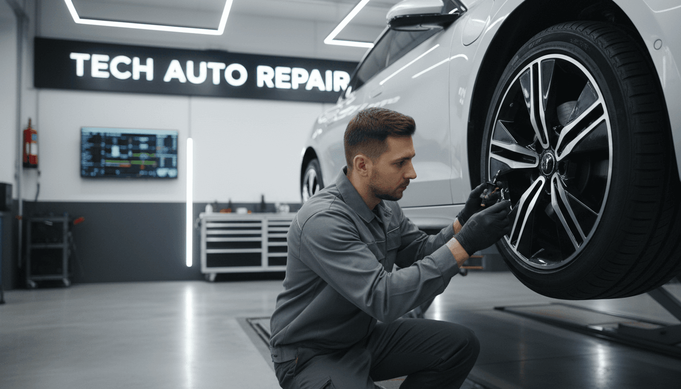 Technician inspecting a tire pressure sensor on a vehicle in a modern auto shop