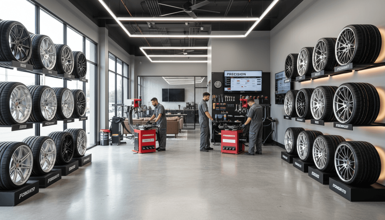Modern tire shop interior with rows of premium tires and professional installation equipment