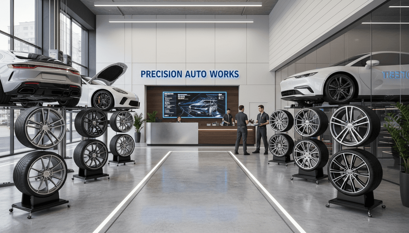 A bright, modern auto shop with premium tires on display