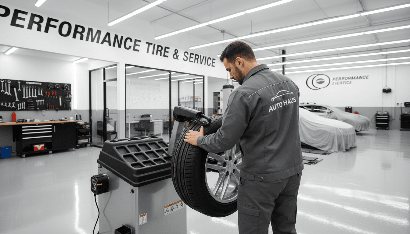 Technician mounting a tire on a wheel in a modern auto shop