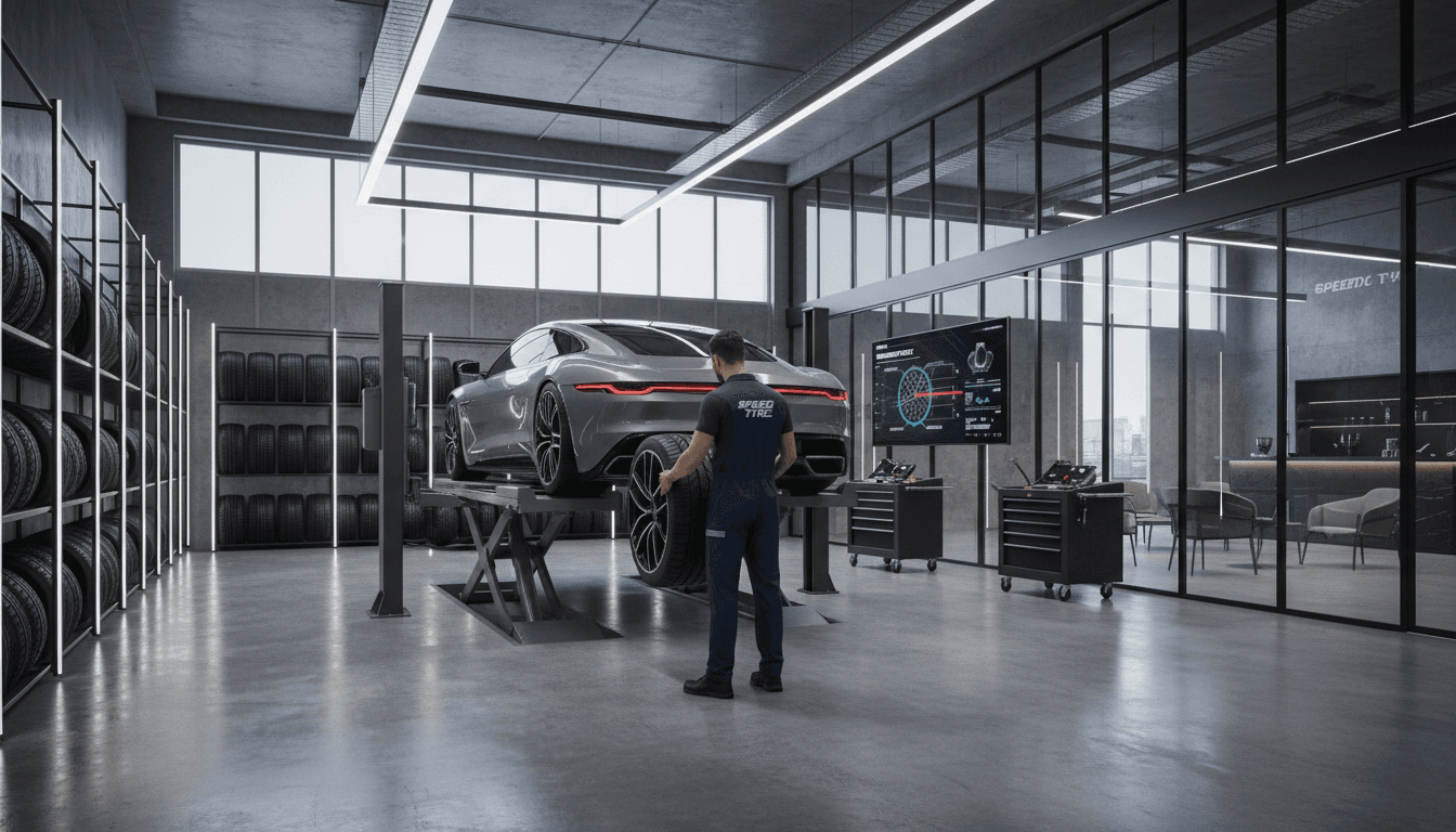 Professional tire technician inspecting a tire in a modern shop
