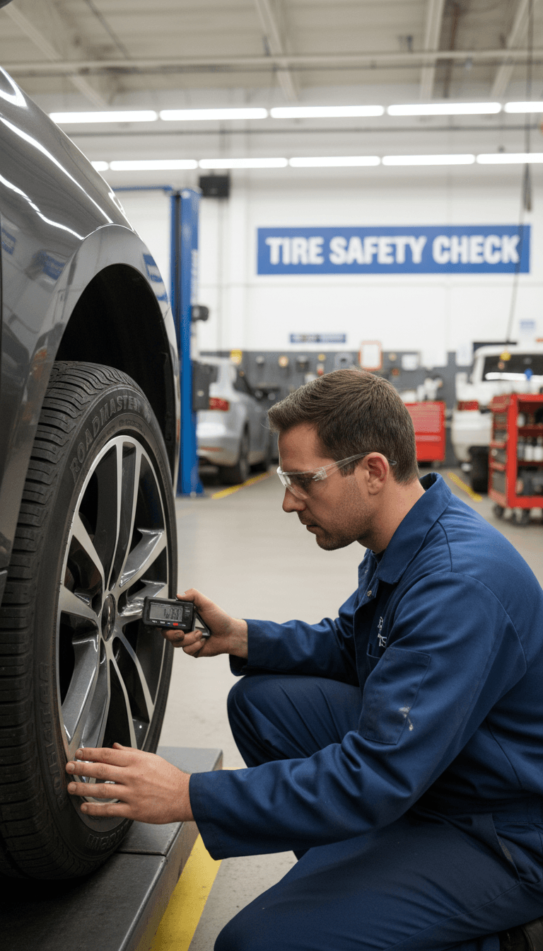 Technician inspecting a tire sidewall in a professional shop