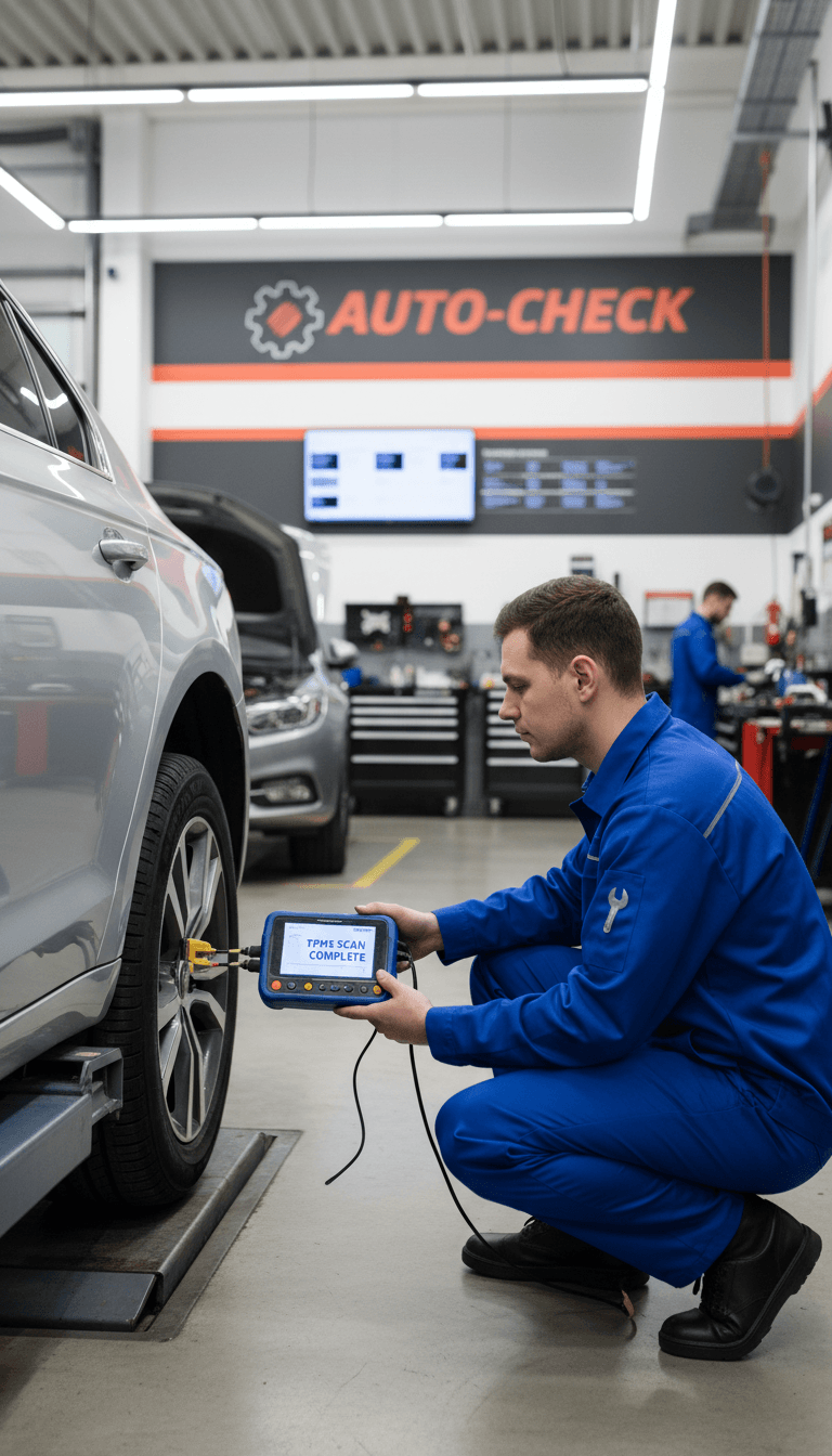 Technician using diagnostic tool on tire pressure monitoring system
