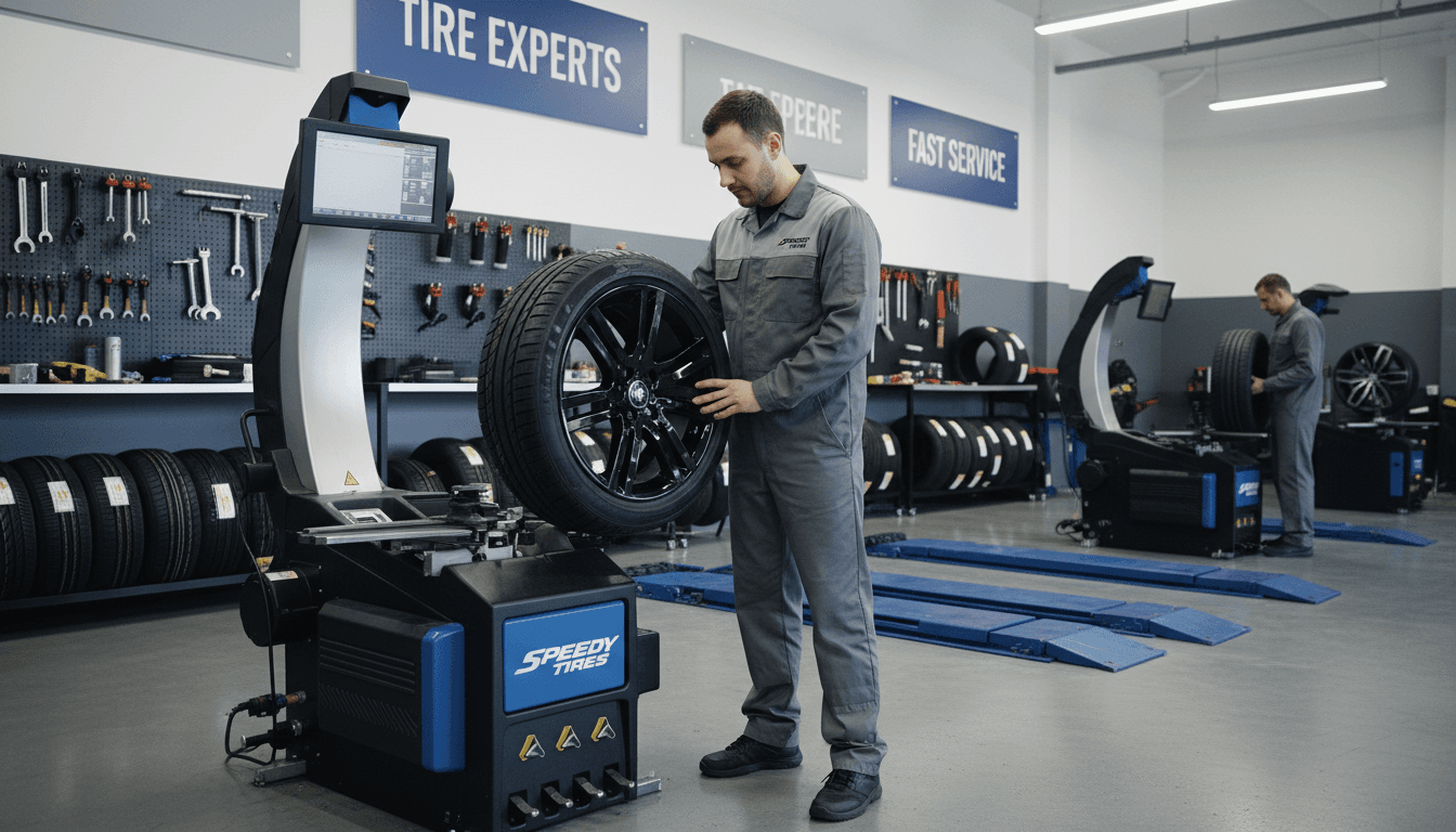Technician mounting a tire on a wheel in a modern professional tire shop