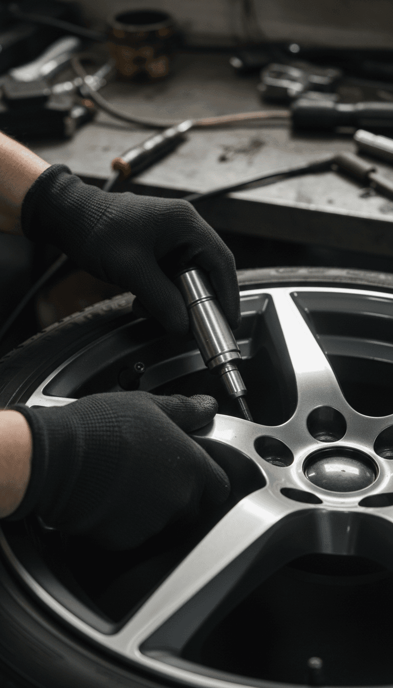 Close-up of hands installing a new tire pressure sensor on a wheel