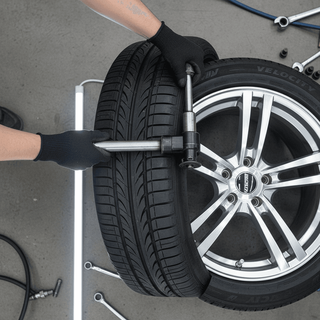 Modern tire shop interior with premium wheels