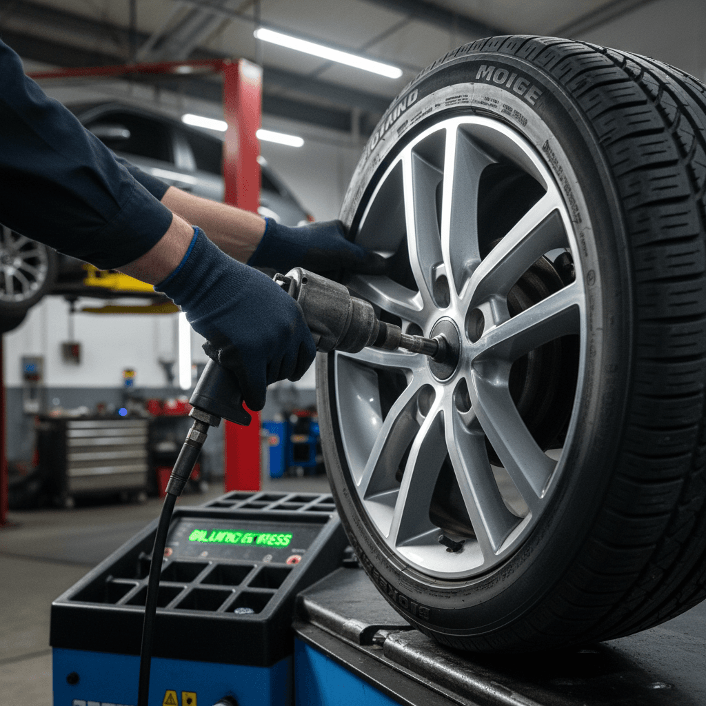 Wheel balancer spinning a mounted tire on a shop floor, LED weight display and cone adapters in the foreground, professional tire-service equipment, no people
