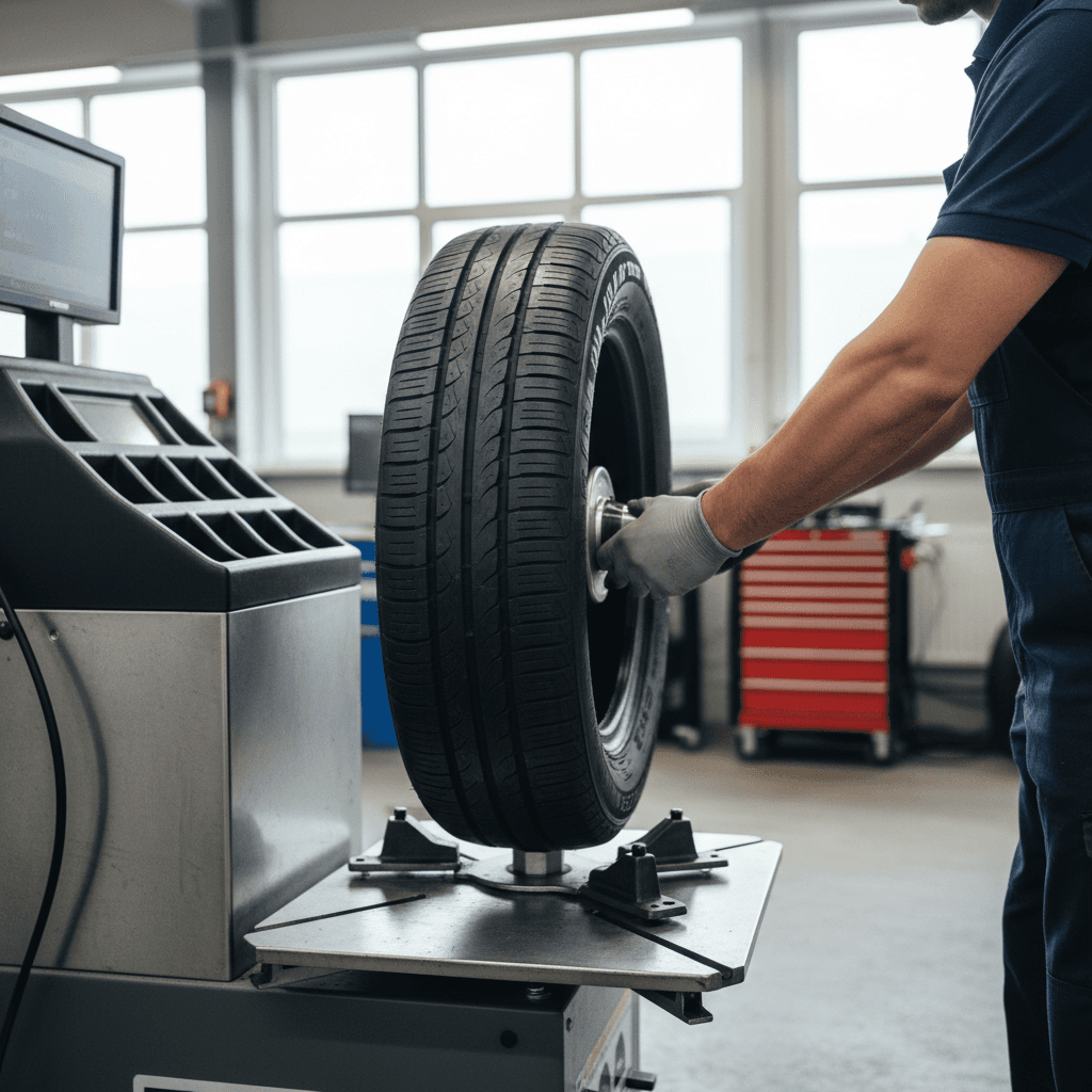 Technician inspecting a tire at Limitless Tires