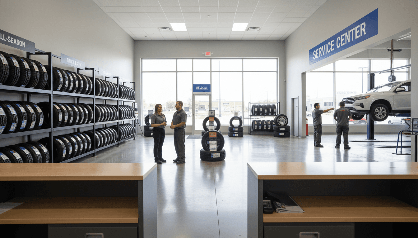 Black male customer in a navy Limitless Tires jacket stands beside a silver SUV in a bright, spotless tire shop; wall sign, tool chest, and tire machine all read Limitless Tires in clear English lettering, no other business names