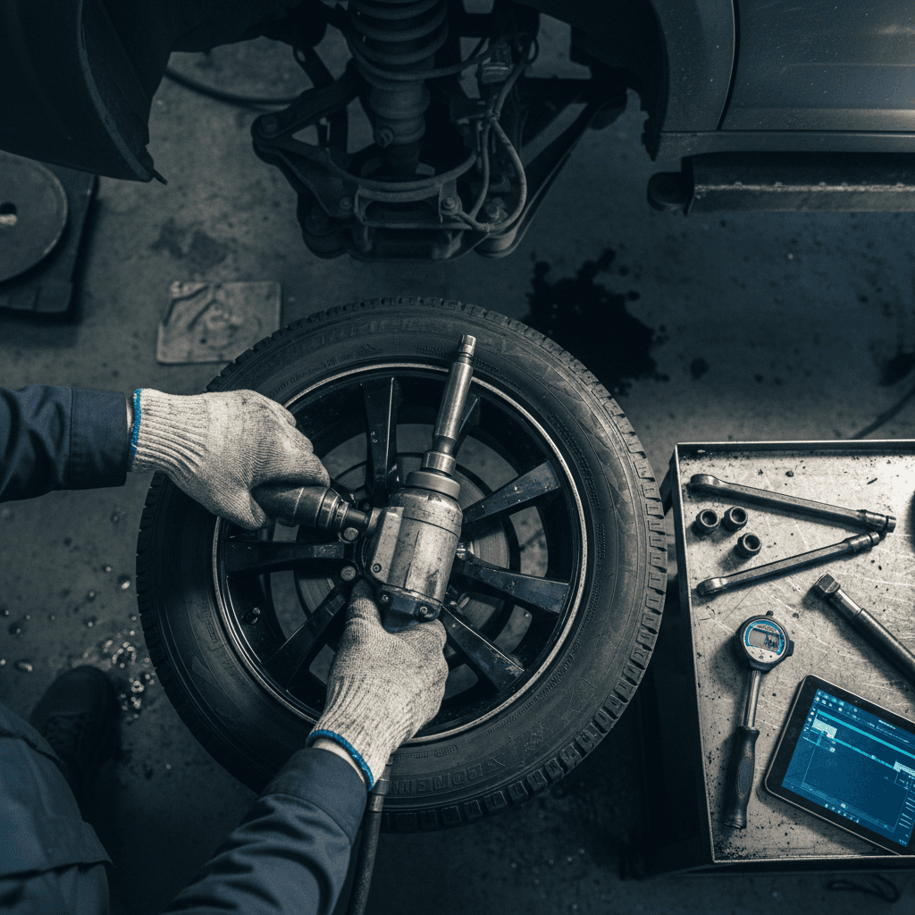 Close-up of a calibrated torque wrench tightening a lug nut on a wheel, tire tread and rim in sharp focus, no people shown