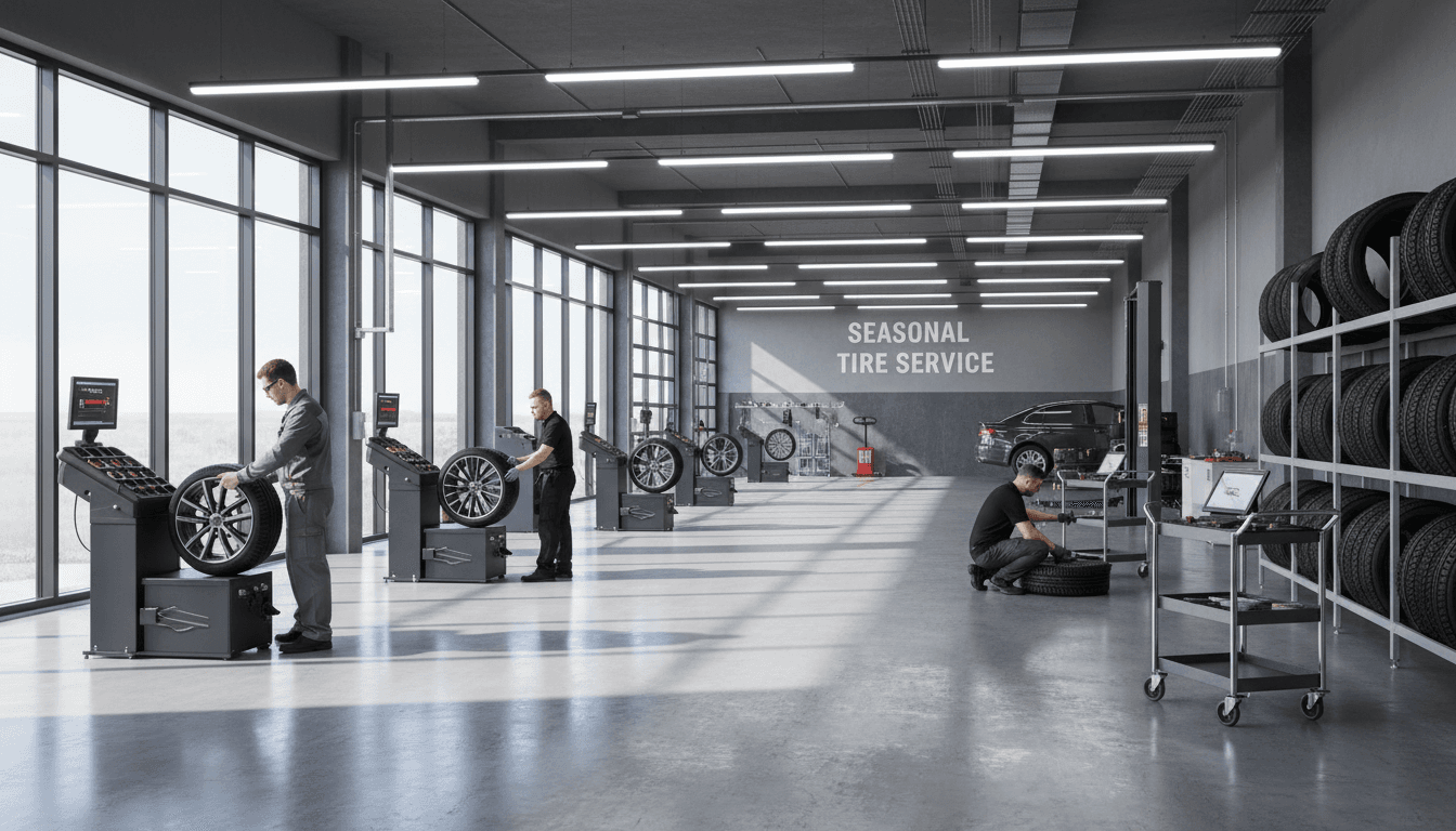 Modern tire shop interior with professional technician