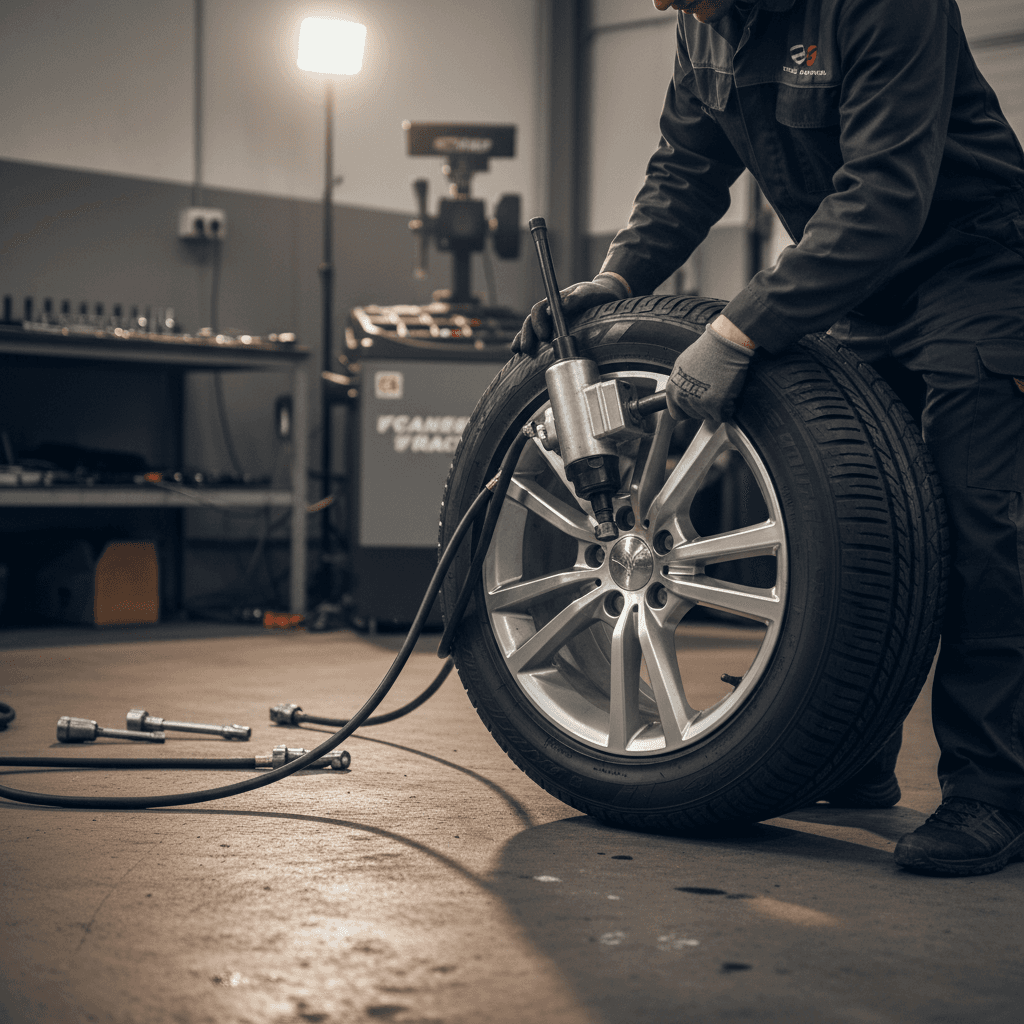 Close-up of a technician's gloved hands mounting a performance tire on a steel changer, shop lighting, no faces visible