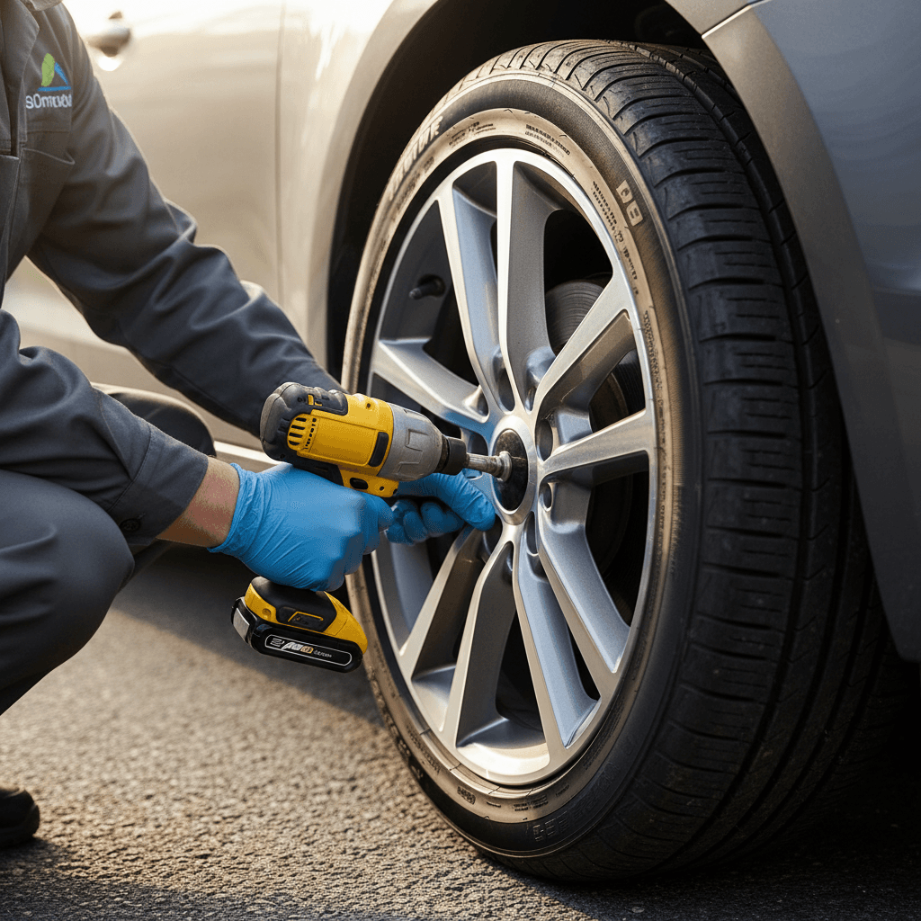Technician installing a new tire in a clean, modern shop