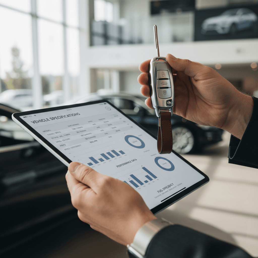 Close-up of a clipboard with a tire-service work order and a digital tablet showing pricing options on a shop counter, no faces