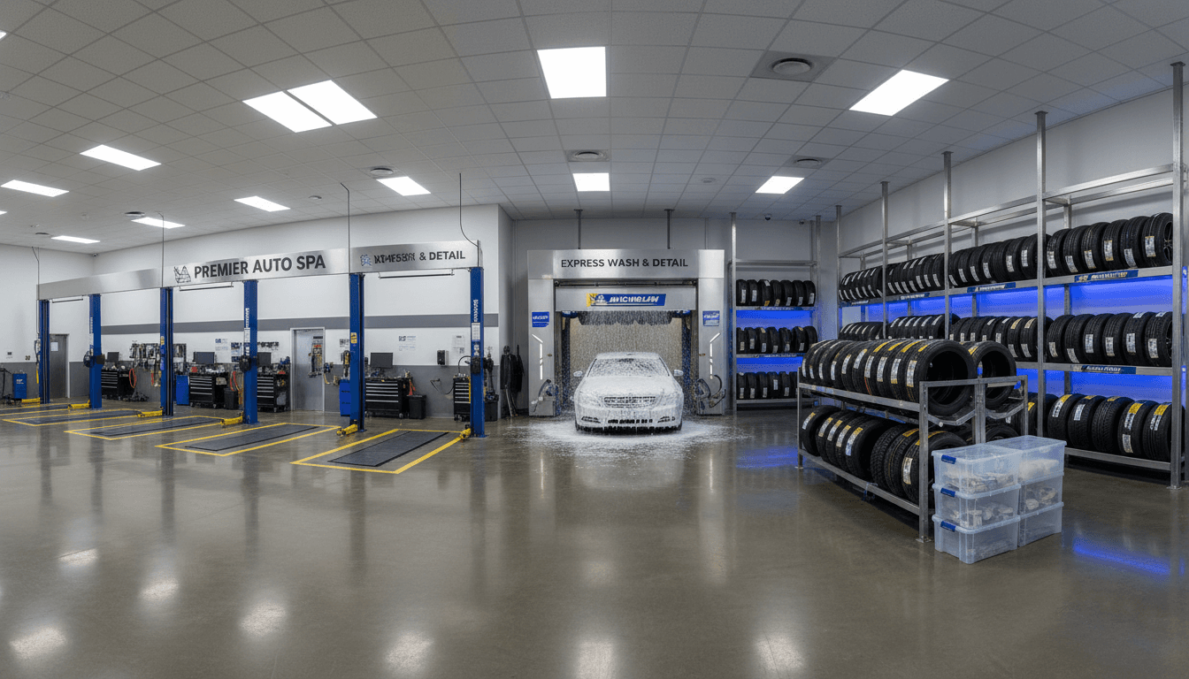 Premium tire shop bay with car on lift