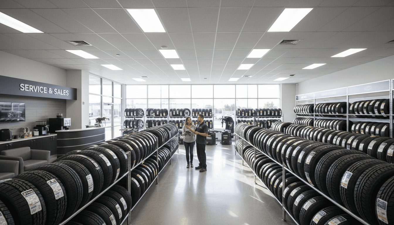 Modern premium tire shop interior with rows of tires