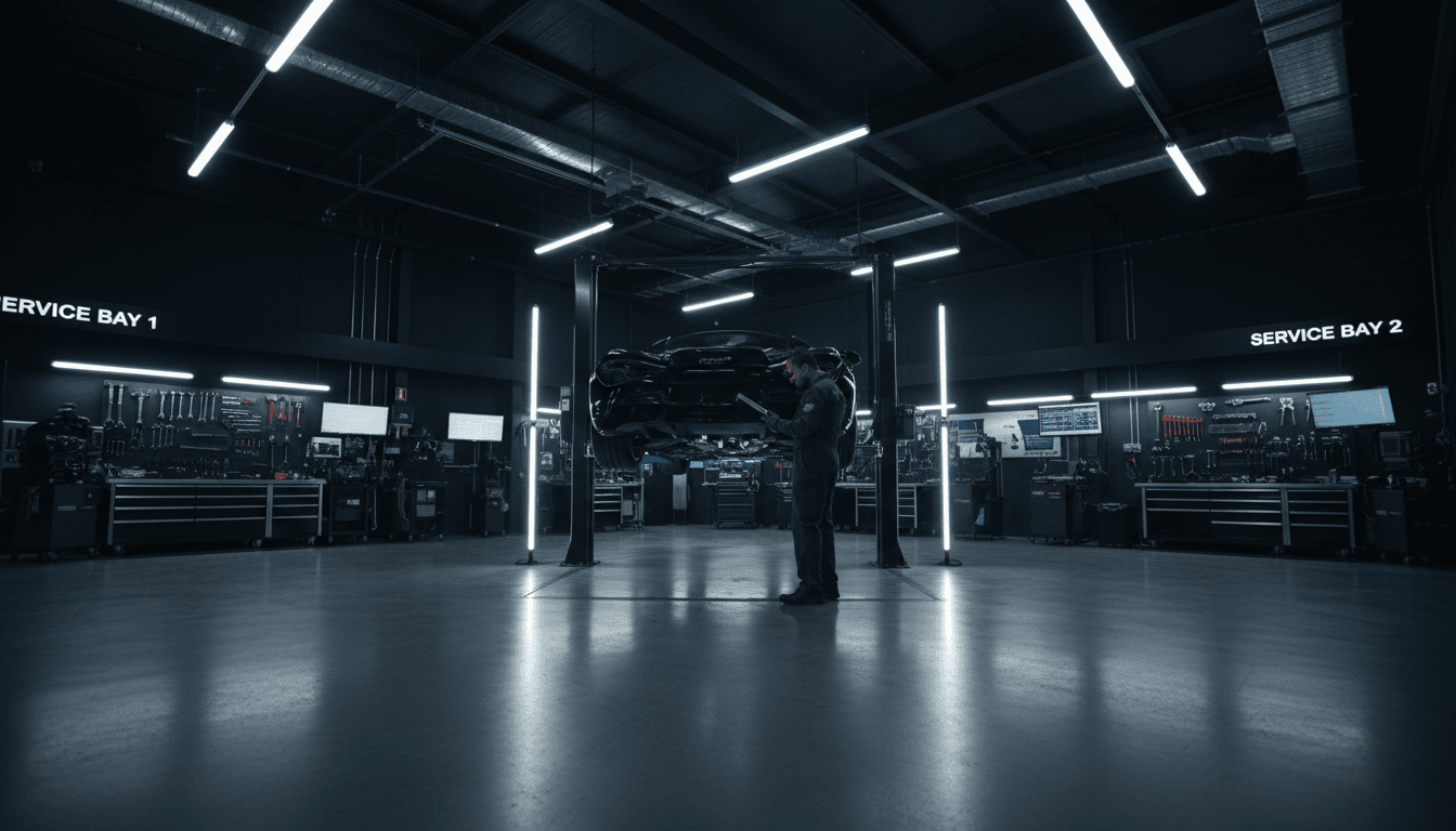 Empty tire service bay with a hydraulic lift, wheel balancer, and neatly arranged mounting tools on a steel cart, concrete floor, no people