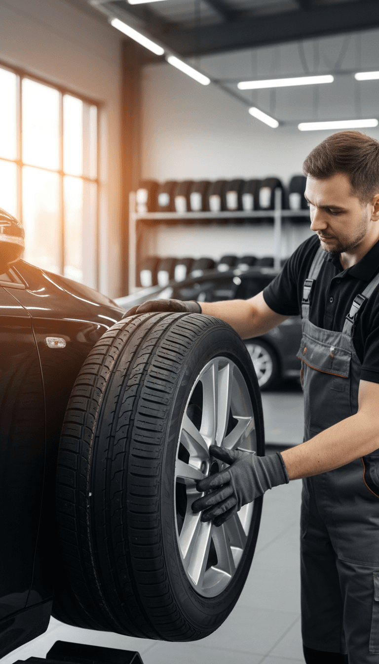 Technician installing a tire on a car in a professional workshop