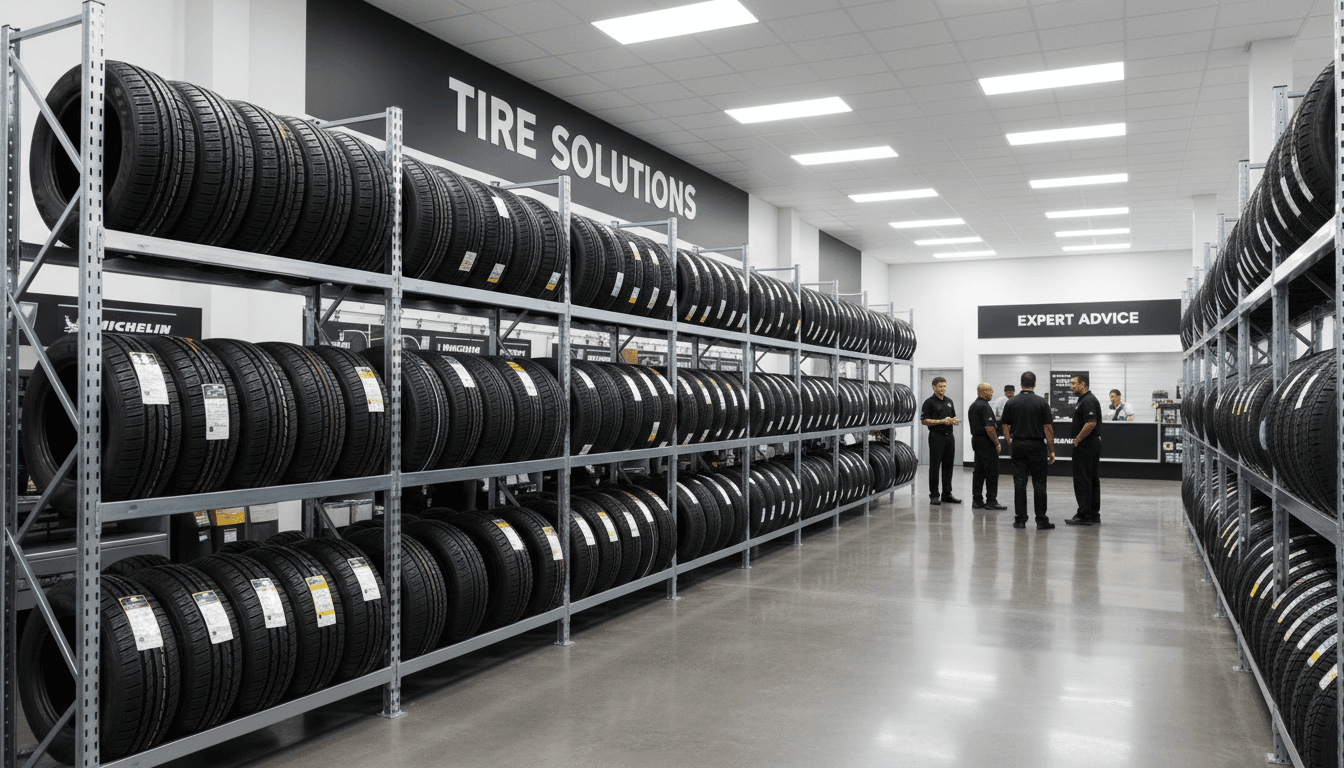 Modern tire shop interior with new tires displayed on racks