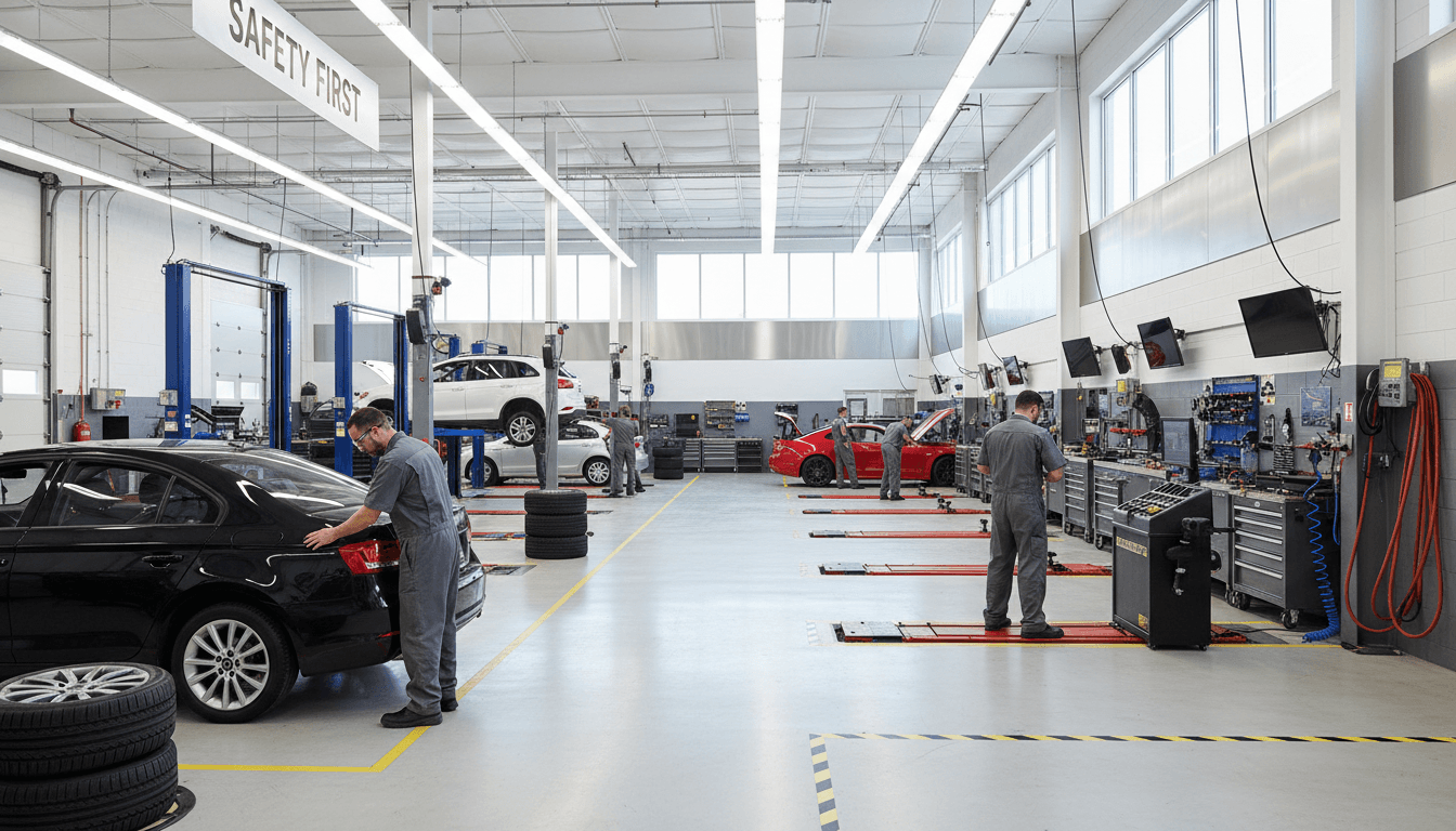 Organized tire-service bay with torque wrench, TPMS tool, and neatly stacked tires on a clean concrete floor, professional workshop, no people