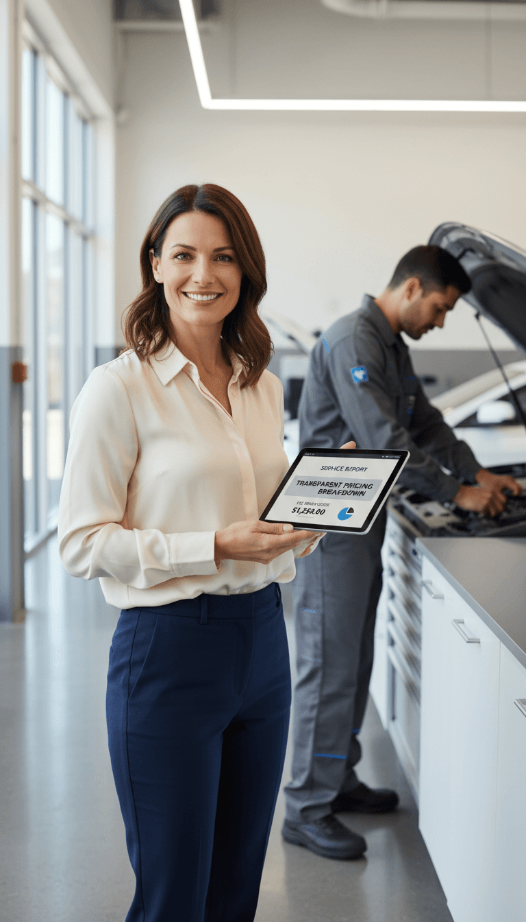 East Asian woman customer in a white Limitless Tires polo reviews an order tablet with a technician in a Limitless Tires jacket beside a black sedan; bay wall sign and alignment machine branded Limitless Tires only, no garbled text