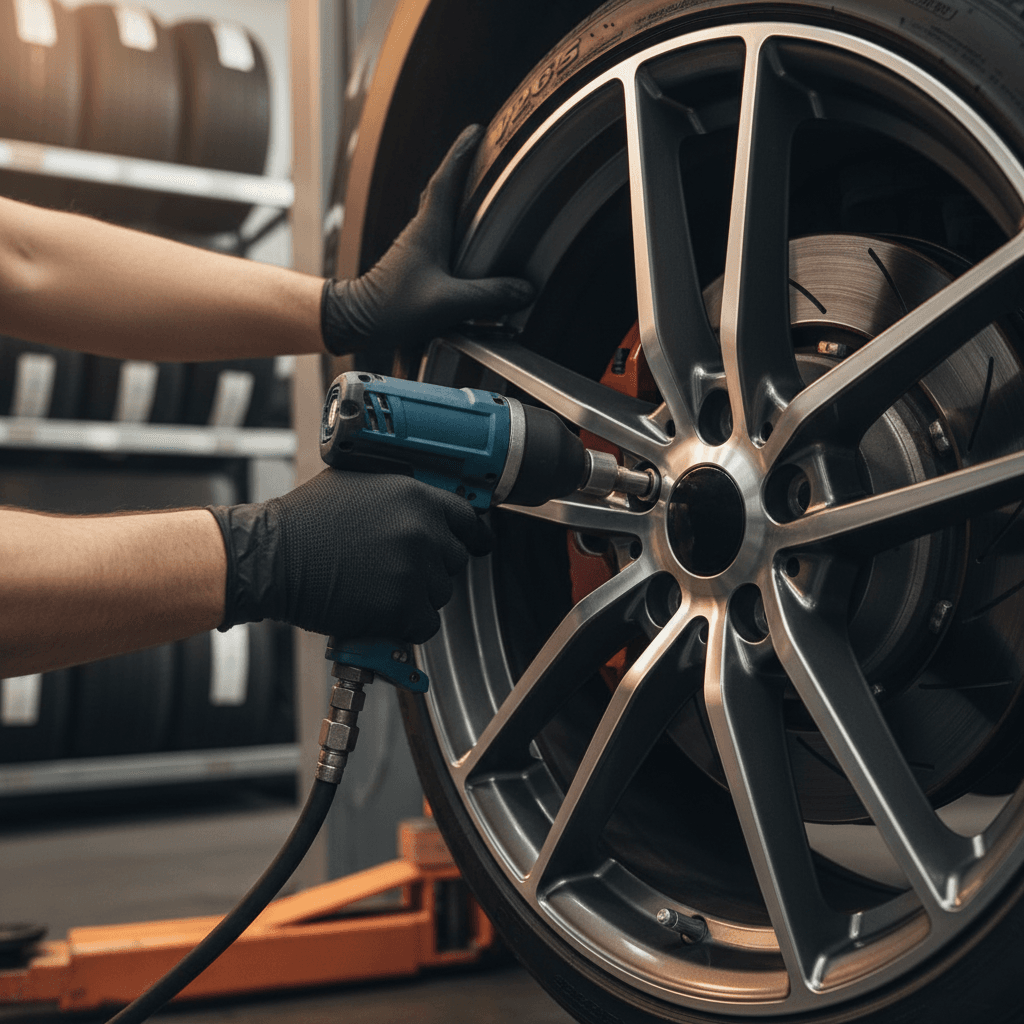 Technician mounting a tire with precision equipment in a modern shop