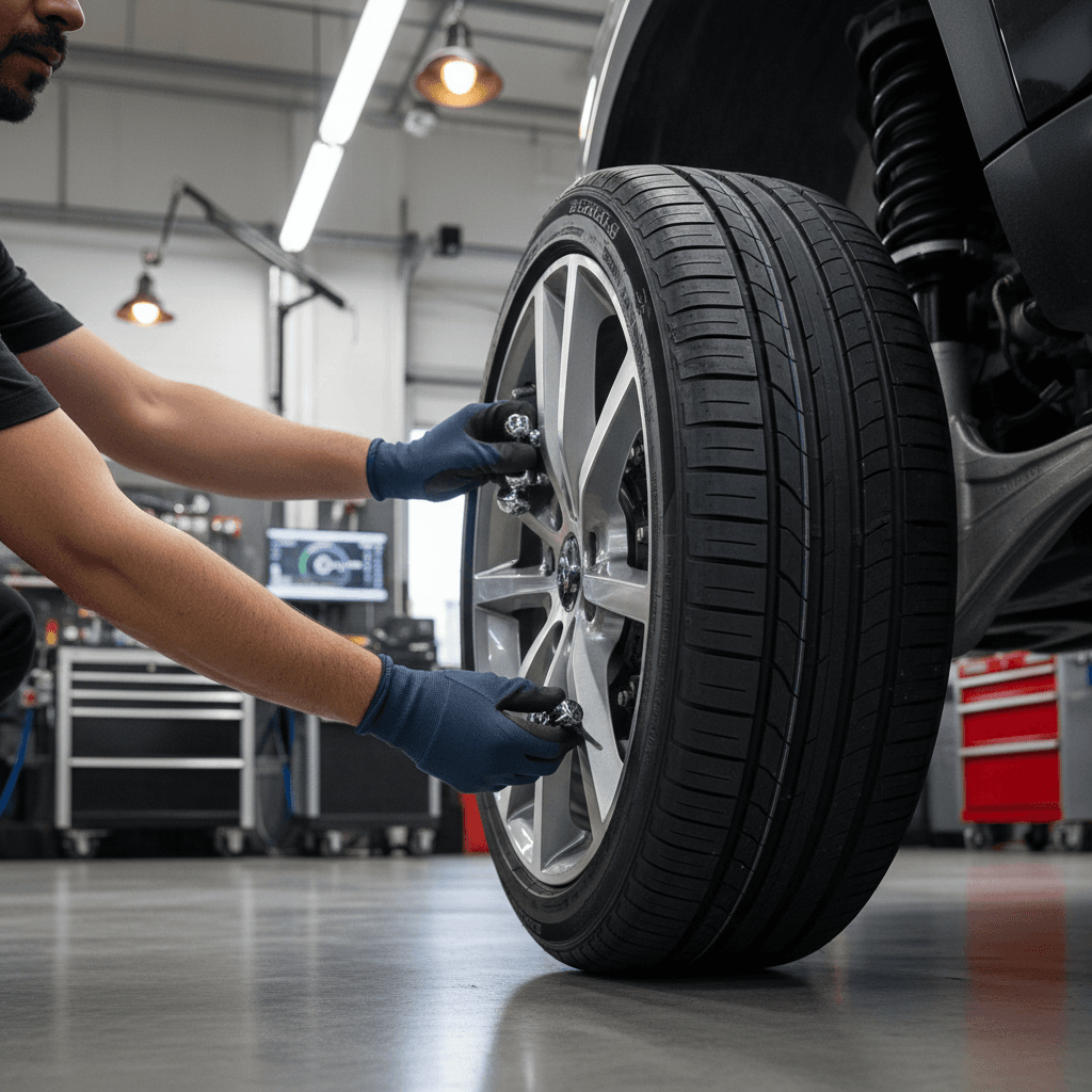 Latina technician in a gray Limitless Tires work shirt and matching cap balances a wheel at a clean mounting station; equipment labels, wall banner, and red tool chest display the exact words Limitless Tires, professional shop lighting