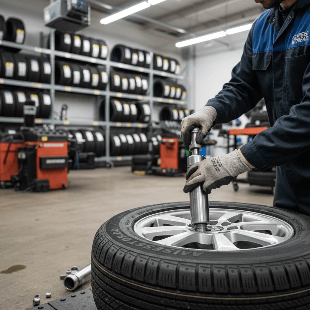 Photorealistic wide shot of a Limitless Tires service bay: a technician in a navy Limitless Tires work shirt and matching jacket mounts a tire on a balancer, the exact words Limitless Tires embroidered on the shirt, jacket, and cap. Behind him a bright wall sign reads Limitless Tires in clean sans-serif lettering, a service van through the open bay door has Limitless Tires on the doors, tire stacks and the changer carry Limitless Tires labels, no other business names, no garbled or fake lettering anywhere.