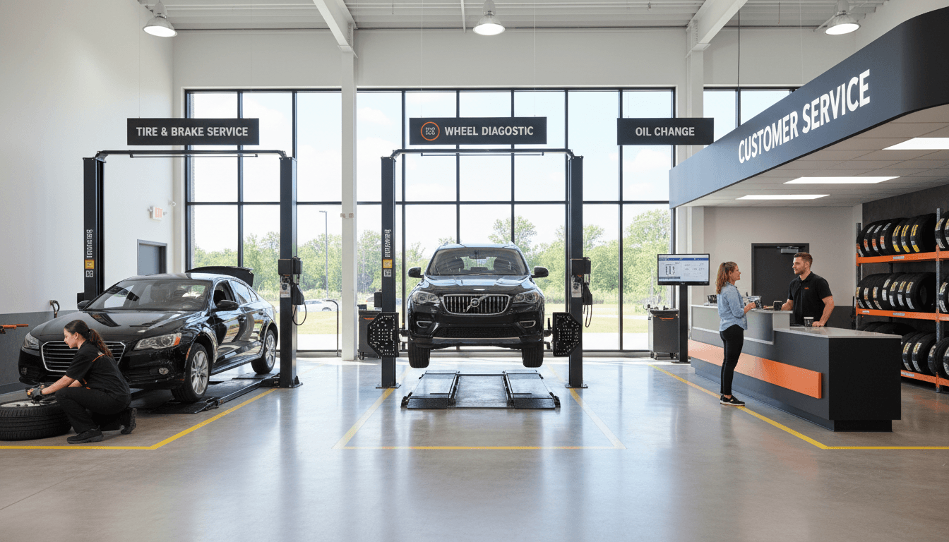Modern tire shop interior with premium wheels on display