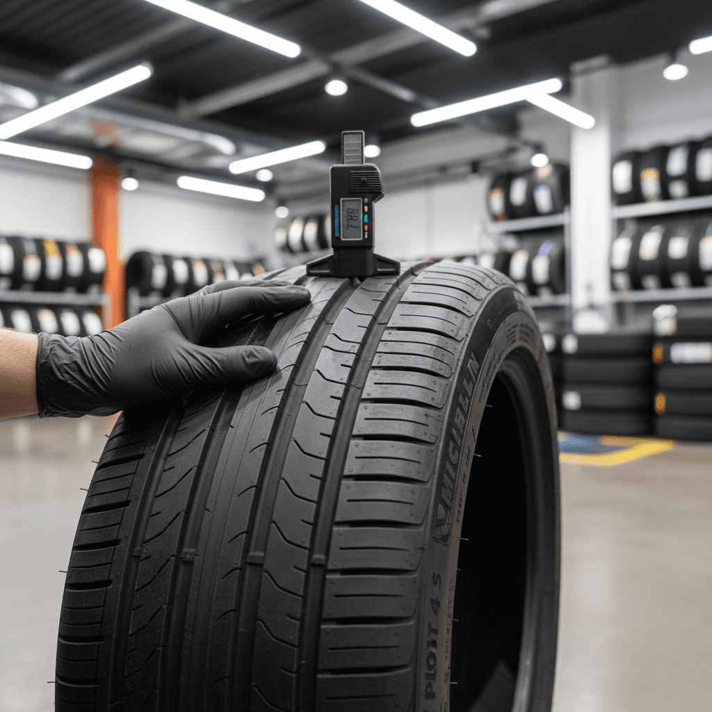 Close-up of a passenger tire on a shop inspection stand, tread-depth gauge in the groove, sidewall size markings and DOT code in sharp focus, empty bay lighting, no people