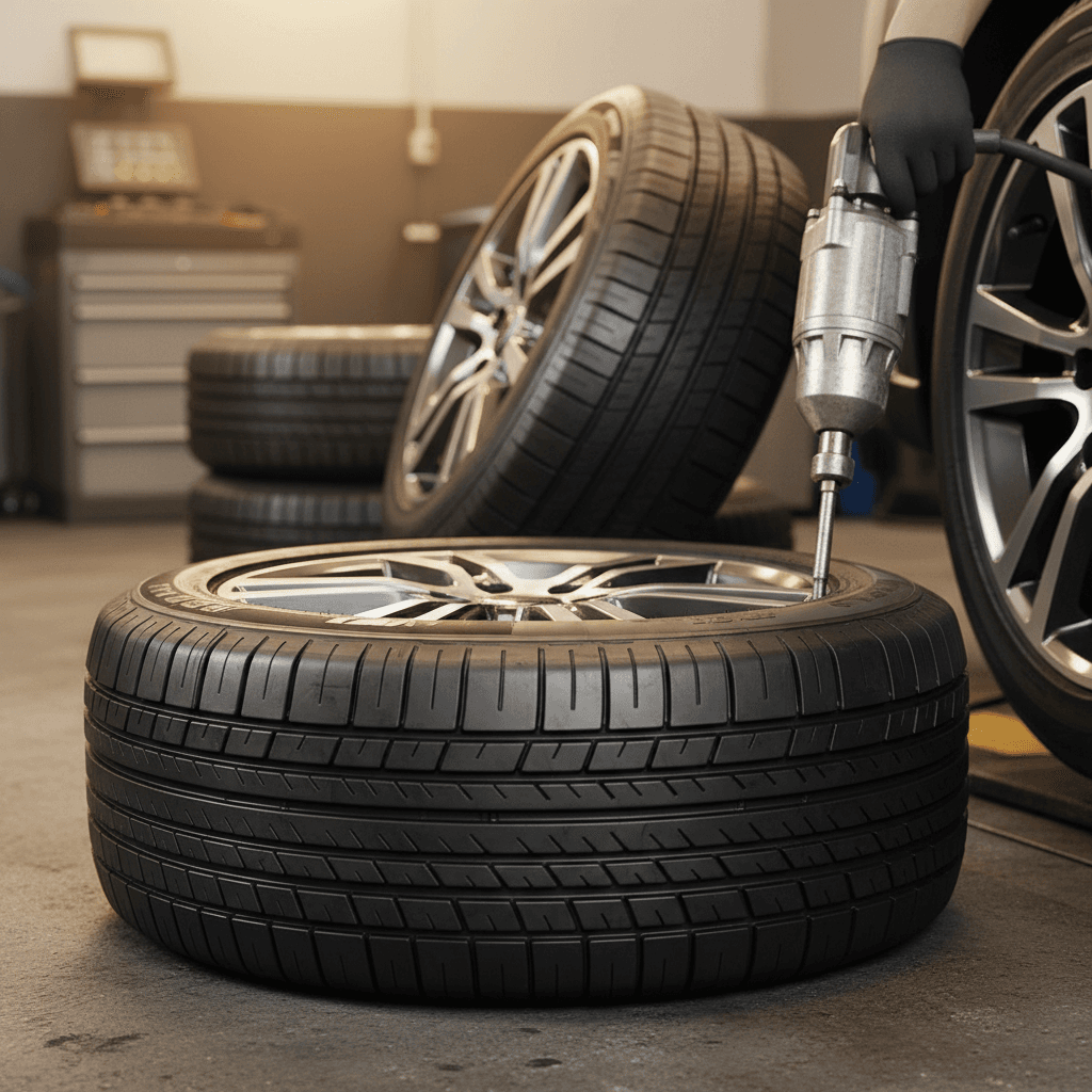 Technician mounting a tire on a wheel in a modern, well-lit service bay